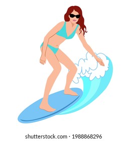 Cute girl surfing on surfboard. Hand drawn illustration. Summer surf lifestyle. Vector Background.