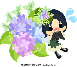A cute girl in surprise and an ornament of hydrangeas