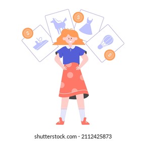 Cute girl surrounded by children's goods. Financial literacy and pocket money management. Child and economy. Vector flat illustration.