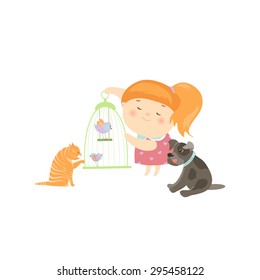 Cute Girl Surrounded by Different Types of Pets. Vector isolated illustration.