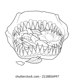 Cute girl surrounded by flowers sleeps in a dinosaur jaw. Prehistoric world. Vector line graphics for coloring books