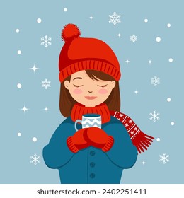 Cute girl in a sweater with a cup of tea on the background with snowflakes. Winter illustration, print, vector
