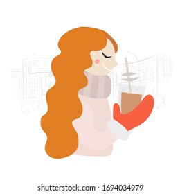 Cute Girl in Sweater Drinking Coffee. Cityscape Background. Sketch for your design. Vector illustration