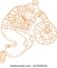 Cute girl in a sweater and warm socks carress the cat while reading a book. Vector illustration.
