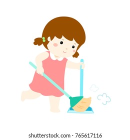 Cute girl sweeping the dust on a white background vector illustration.