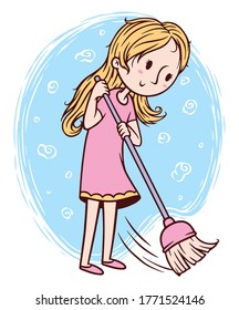cute girl sweeping the floor vector illustration