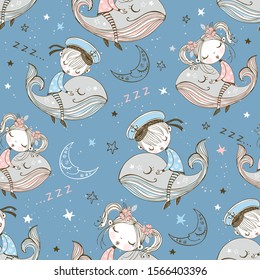 Cute girl sweetly sleeping on a magic whale. Sweet dream. Vector.