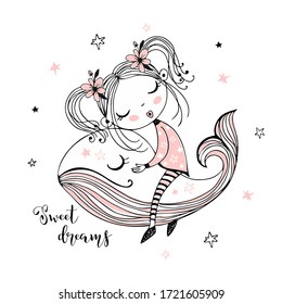 Cute girl sweetly sleeping on a magic whale. Sweet dream. Vector