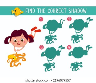 Cute girl swim with sea creatures underwater. Find the correct shadow. Game for children. Activity, color vector illustration. Character in cartoon style.