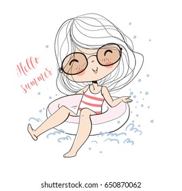 Cute girl swim. Summer vacation on the beach.