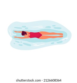 cute girl swim under water on summer holiday isolatted on white. woman swimmer in red swimsuit and goggles. vector cartoon flat