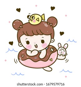 Cute girl swim vector fish and rabbit cartoon with donut Rubber ring floating Kawaii in sea: Series Summer holiday Pool party characters. Girly Doodle. Perfect for kids greeting card design, t-shirt.