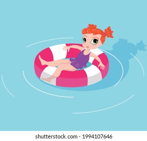 Cute girl with swimming ring vector illustration. Child swimming in the pool vector illustration. 
