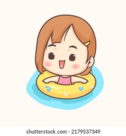 Cute girl swimming with rubber ring. Summer holidays and vacation. Chibi cartoon character. Flat vector illustration