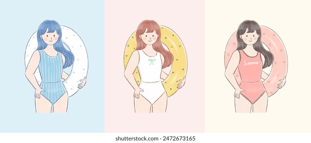 A cute girl in a swimsuit holding a float in the swimming pool on the summer time.