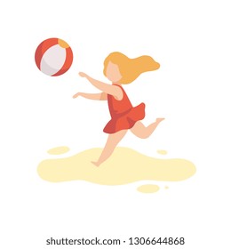 Cute Girl in Swimsuit Playing with Ball, Kid Having Fun on Beach on Summer Holidays Vector Illustration