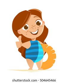 Cute girl with swimsuit standing and holding swimming ring Finger thumb up