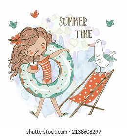 Cute girl in a swimsuit with a swimming circle on the beach with a seagull. Summer time. Vector.