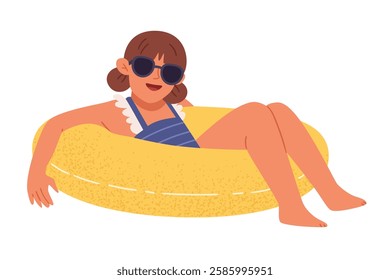 A cute girl in a swimsuit swims on an inflatable circle.