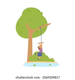 Cute girl swinging on bungee tied to tree branch in summer park in flat vector illustration isolated on white background. Child cartoon character swinging, jumping from swing above water.