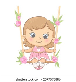 A cute girl is swinging on a swing. Vector illustration of a cartoon.