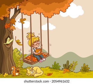 Cute girl swinging and reading a book in the autumn park.vector illustation