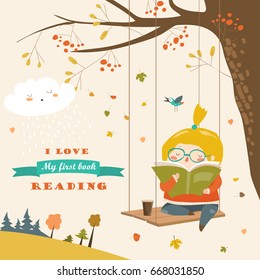 Cute girl swinging and reading a book in autumn park