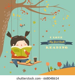 Cute girl swinging and reading a book in autumn park