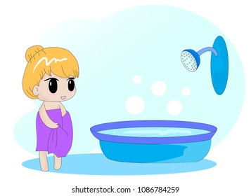 Cute girl take a bath cartoon doodle style.