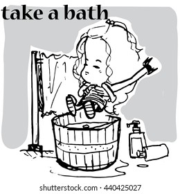 cute girl take a bath vector character