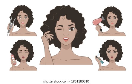 Cute girl takes care of her curly hair. Set of hair treatment procedure.Vector illustration