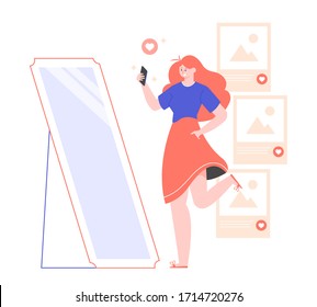 Cute Girl Takes A Selfie Near The Mirror. Influencer And Blogger Checks Activity On Social Networks. Vector Flat Illustration.