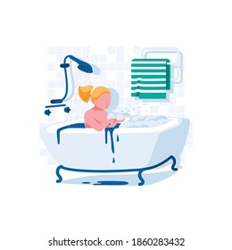 Cute girl taking bath in bathtub. Child playing with foam bubbles and taking shower. Body care hygiene and daily routine activity concept cartoon style vector illustration