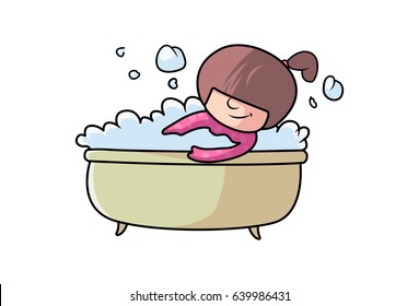 Cute Girl taking a bath. Vector Illustration. Isolated on white background.