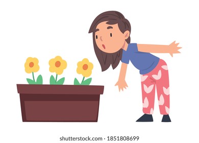 Cute Girl Taking Care of Blooming Flowers, Child Working in Garden Cartoon Vector Illustration