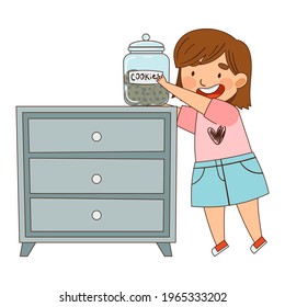 Cute Girl Taking Jar with Sweet Chocolate Cookie Vector Illustration