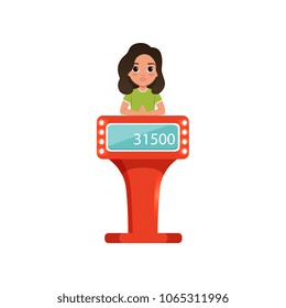 Cute girl taking part at quiz show, young player answering questions standing at stand with button vector Illustration on a white background