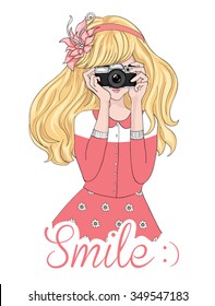 Cute girl taking photos.Vector cartoon character.