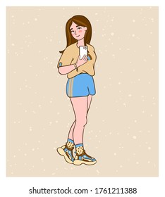 Cute girl taking selfie photo on smart phone. Teenager in fashionable clothes holding a smartphone. Drawing in flat style. Colorful vector illustration for print, t-shirt design, poster, banner. 