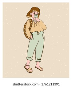 Cute girl taking selfie photo on smart phone. Teenager in fashionable clothes holding a smartphone. Drawing in flat style. Colorful vector illustration for print, t-shirt design, poster, banner. 