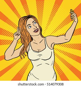 Cute girl taking a selfie. Pop art style.