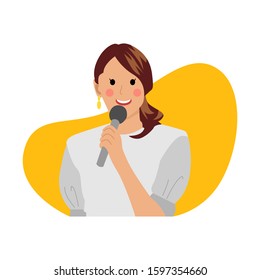 Cute girl talk using a mic. Vector flat illustration