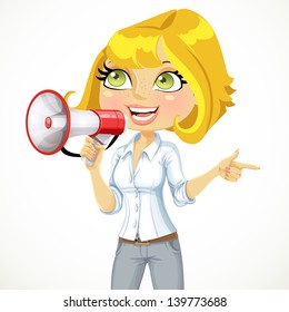 Cute girl  talking into a megaphone  and shows her hand in the direction of something important