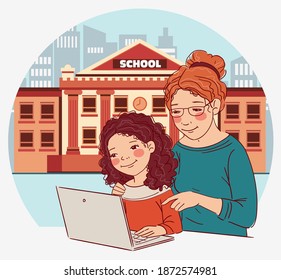 Cute girl with teacher looking at laptop in the classroom. Mother teaching her daughter to learn from online class using laptop for homeschooling and education concept