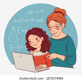 Cute girl with teacher looking at laptop in the classroom. Mother teaching her daughter to learn from online class using laptop for homeschooling and education concept