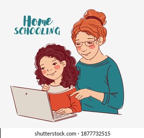 Cute girl with teacher looking at laptop in the classroom. Mother teaching her daughter to learn from online class using laptop for homeschooling and education concept