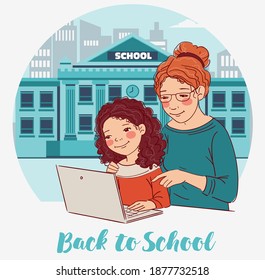 Cute girl with teacher looking at laptop in the classroom. Mother teaching her daughter to learn from online class using laptop for homeschooling and education concept