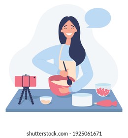 Cute girl teaches cooking courses online. Food blogger. Flat vector illustration on a white background.