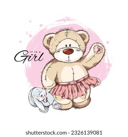 Cute girl teddy bear in pink skirt waving, hand drawn sketch vector illustration isolated on white background. It is girl inscription. Baby shower symbol. Newborn gender announcement.