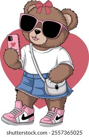 cute girl teddy bear in sunglasses taking selfie vector